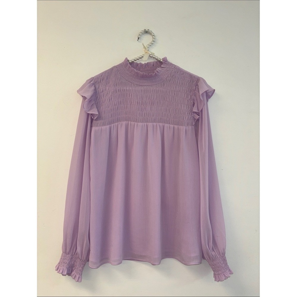 Ann Taylor Lavender Smocked Ruffle-Shoulder Blouse - Picture 2 of 7